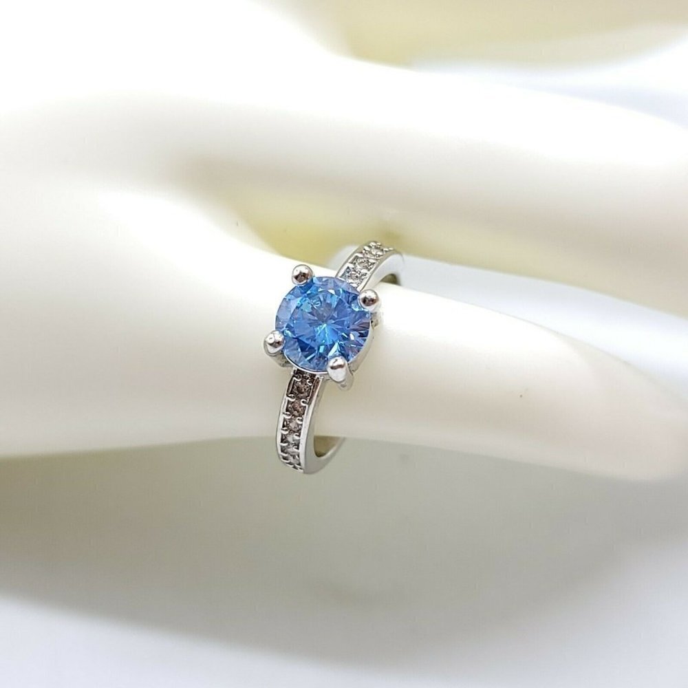 Silver Plated Blue Aquamarine Clear Rhinestone Cocktail Ring Size 5